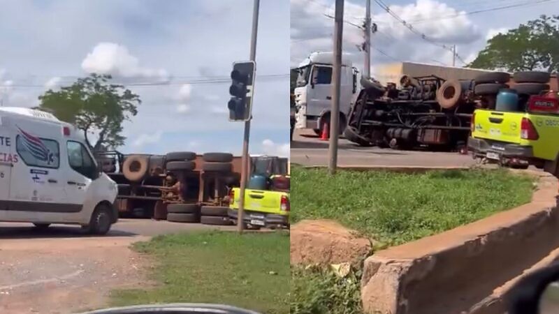 Caminhão transportando sucata tomba na Rodovia dos Imigrantes